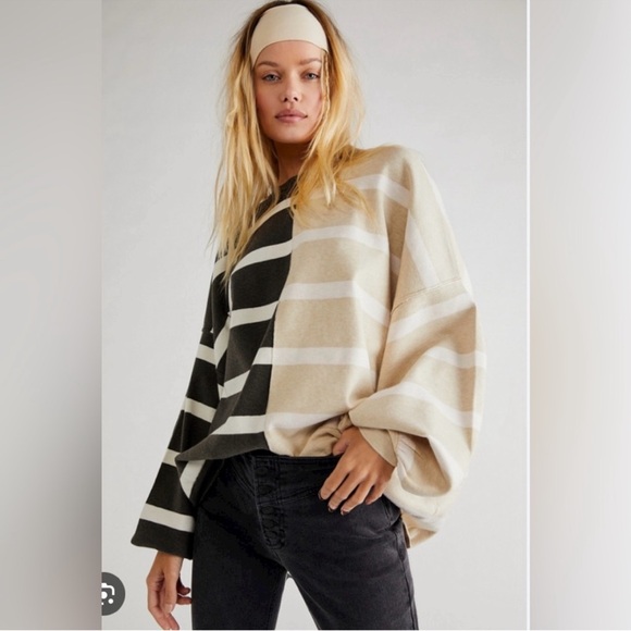 Free People Sweaters - Free People Uptown Striped Crew Neck Sweater - Black and Tan